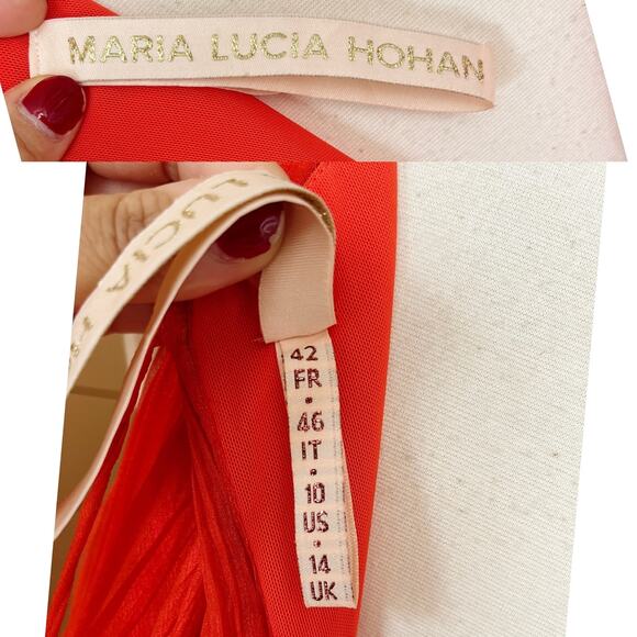 MARIA LUCIA HOHAN Maella Silk Tent Dress Red Chiffon Ruffled Plisse Halter Gown - Picture 11 of 16
